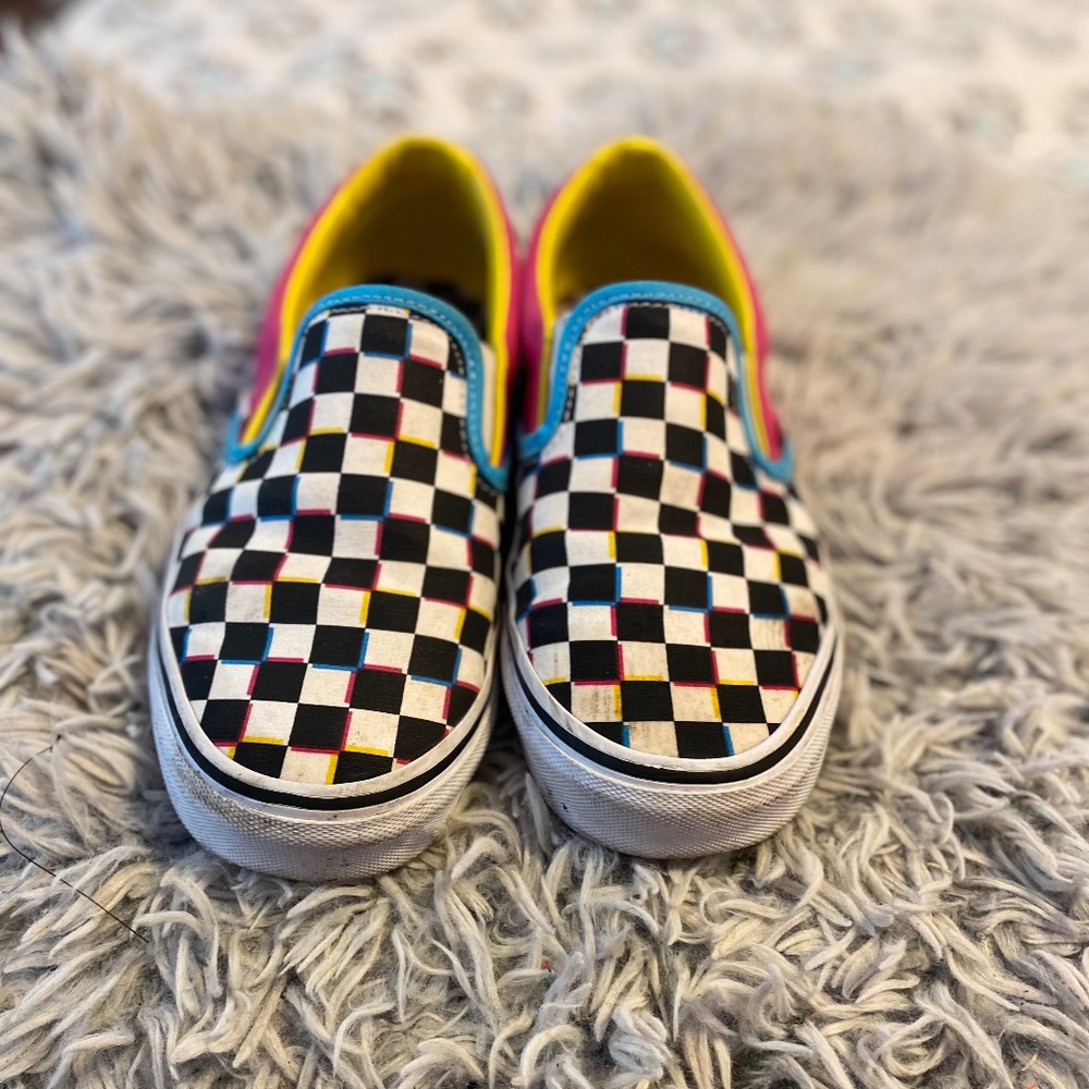 Slip on Vans Off The Wall Checkered blue pink yellow